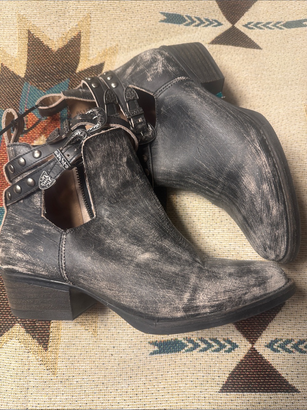 Circle G Distressed Black Cutout Ankle Booties with Studded Straps
